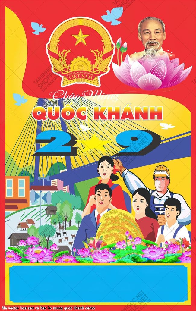 file vector tranh co dong hoa sen va bac ho mung quoc khanh